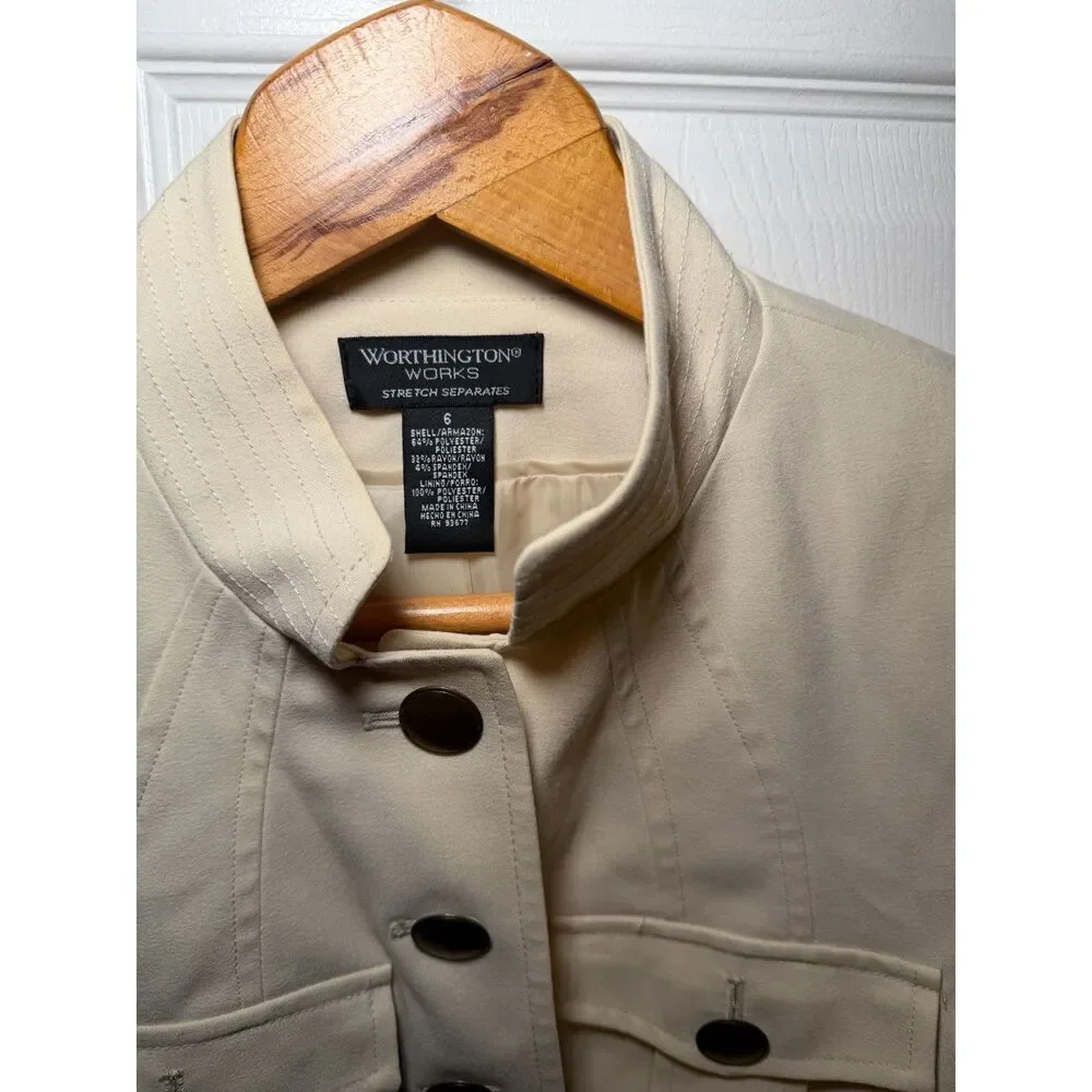 Worthington Works Cropped Military Jacket Women's Size 6 Ivory Stretch